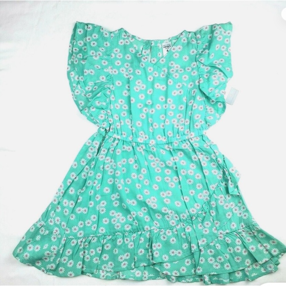 Carter’s short-sleeve teal pink floral faux wrap style dress EUC girls 8